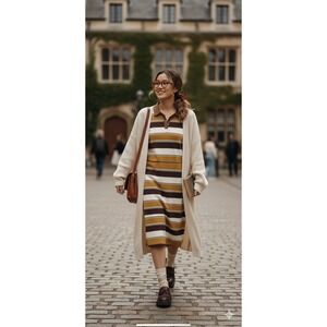 Roolee Striped Polo Midi Dress Mustard Brown 70s Retro Grandpa Core Modest Xl